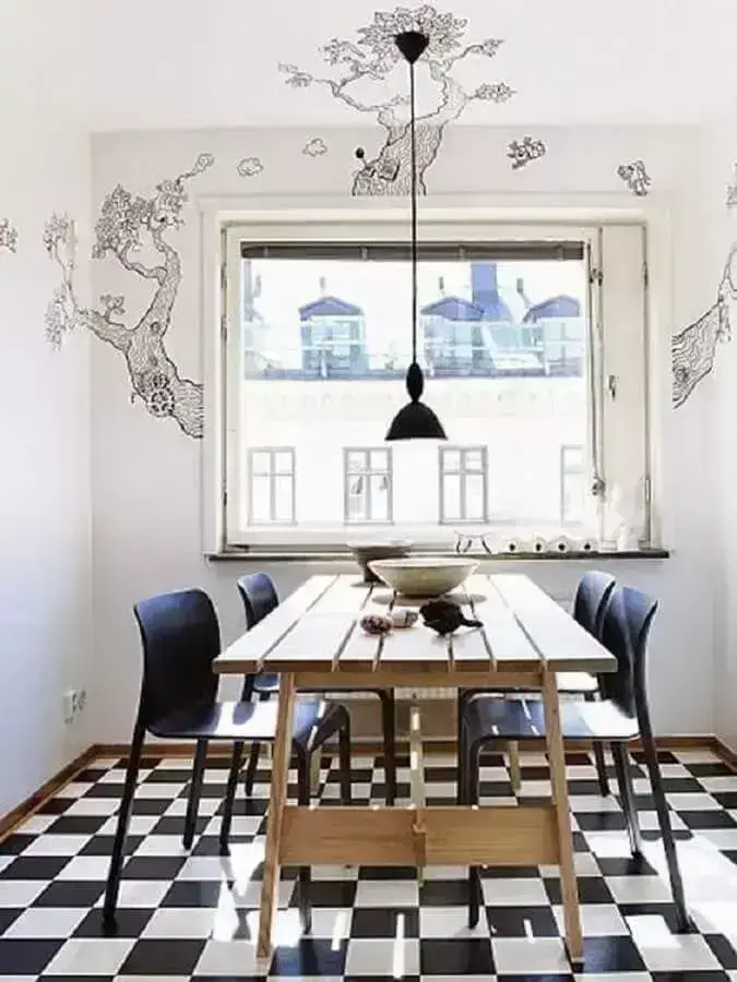 Piso preto e branco para decoração de sala de jantar simples