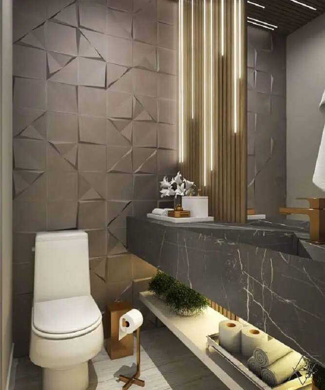 revestimento 3D cinza para decoração de banheiro social moderno Foto Archtrends