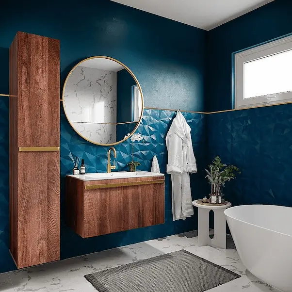 Azulejo 3D azul com armários de madeira