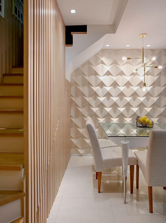 Azulejo 3D branco para sala de jantar integrada com estar