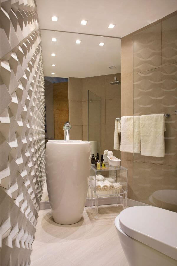 Banheiro com azulejo 3D em off white