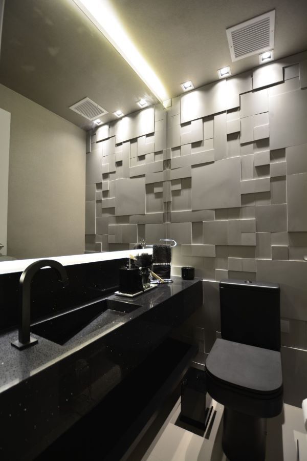 Banheiro com azulejo 3D cinza moderno