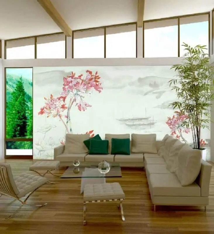 Decoração asiática para sala de estar ampla em cores claras com bastante iluminação natural Foto Architecture Art Design