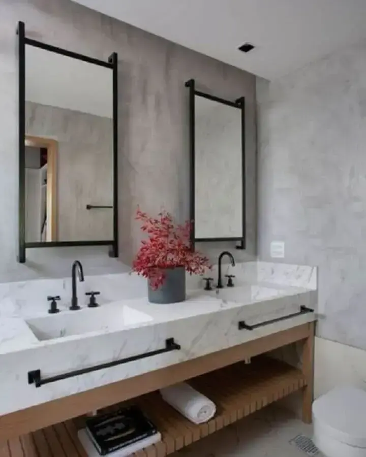 bancada de mármore para decoração de banheiro com parede de cimento queimado Foto Pinterest