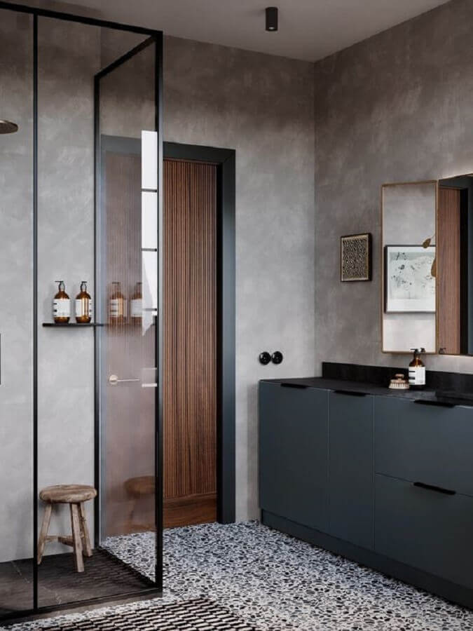 banheiro de cimento queimado moderno decorado com gabinete planejado cinza escuro Foto Home Designing