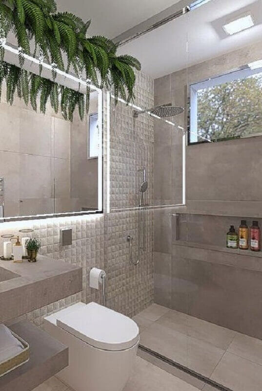 banheiro moderno decorado com revestimento 3D cinza claro Foto Archtrends