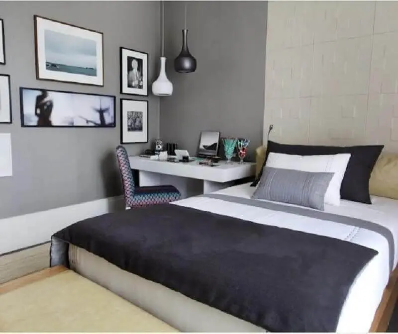 decoração com mesa para quarto de casal cinza e branco Foto Pinterest