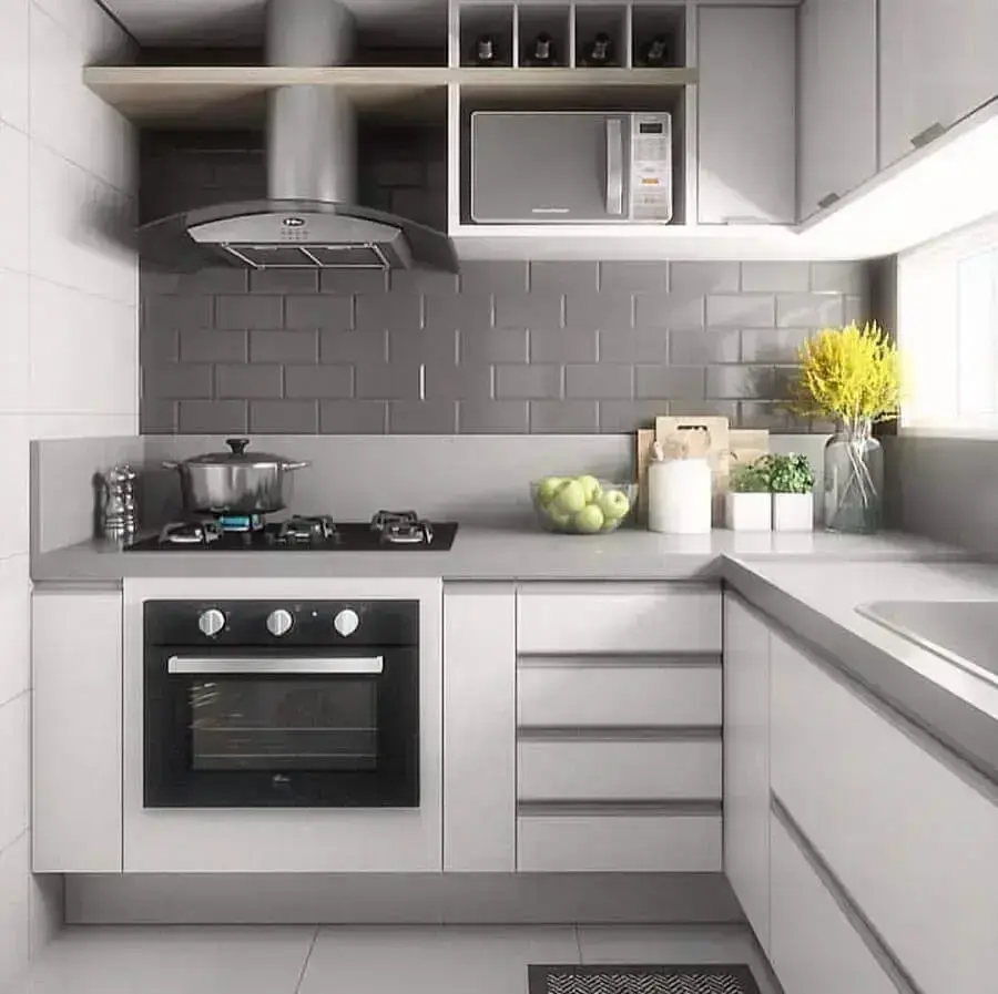 decoração com revestimento cinza para cozinha planejada de canto Foto Pinterest