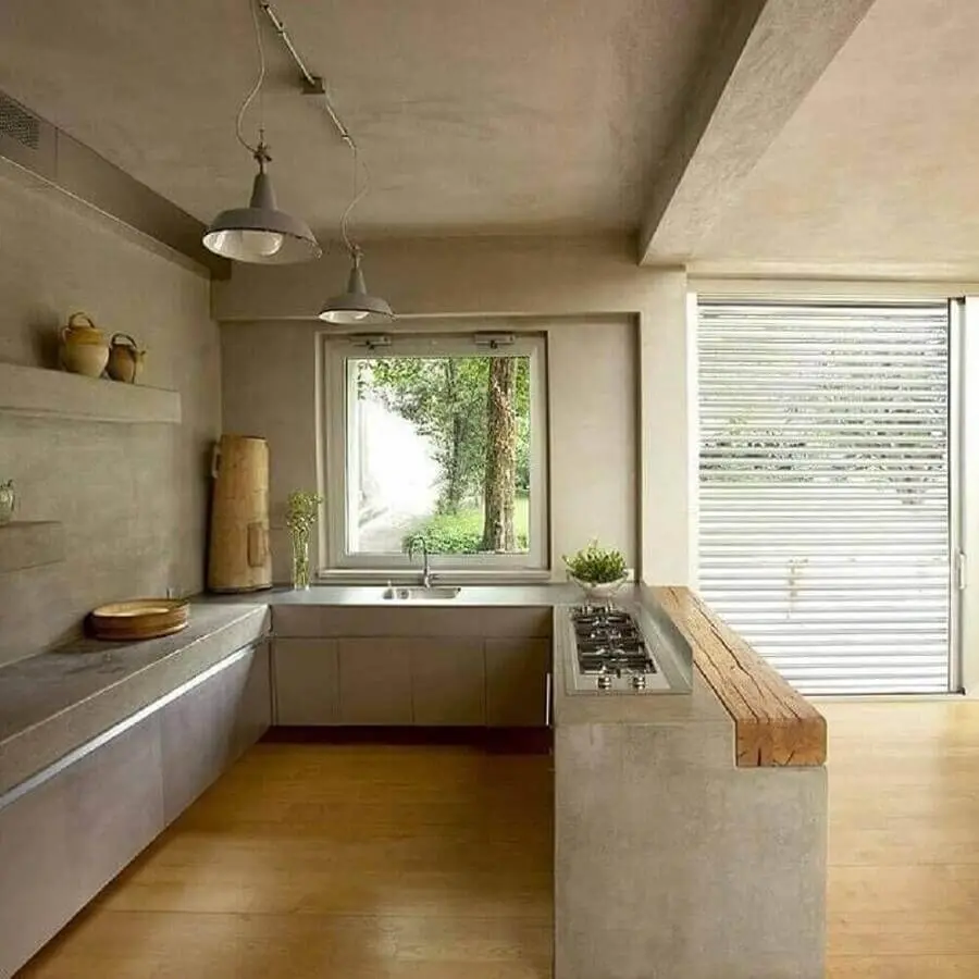 decoração de cozinha com balcão de concreto e madeira Foto Pinterest
