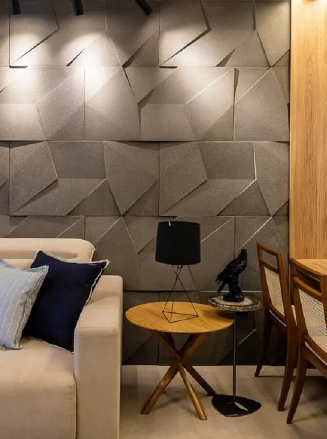 decoração de sala de estar moderna com revestimento 3D cinza Foto Castelatto Pisos e Revestimentos