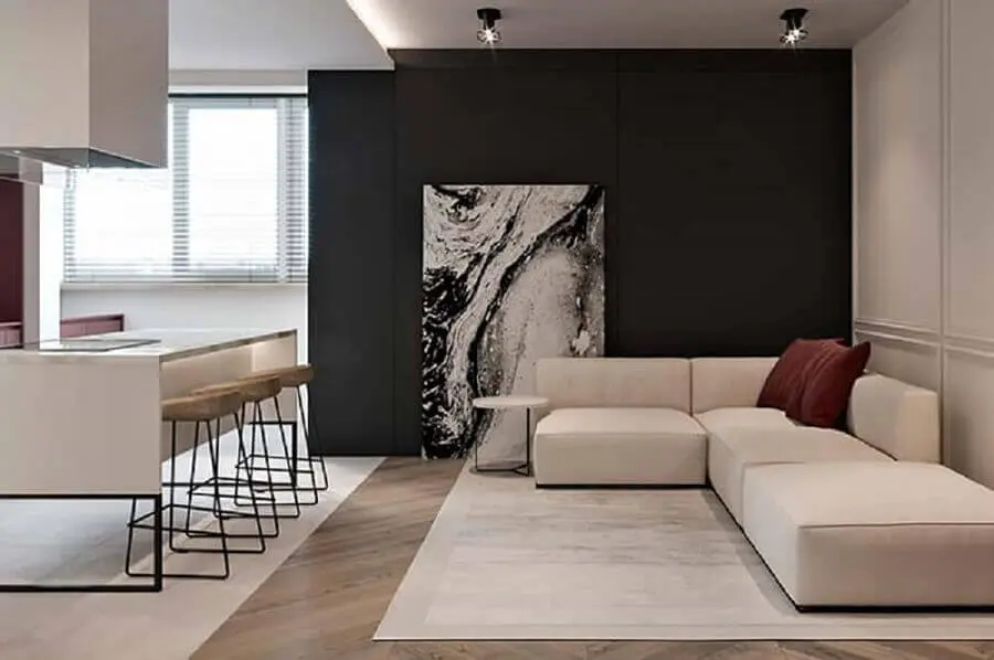 decoração minimalista com quadro grande para sala de estar integrada com a cozinha Foto Pinterest