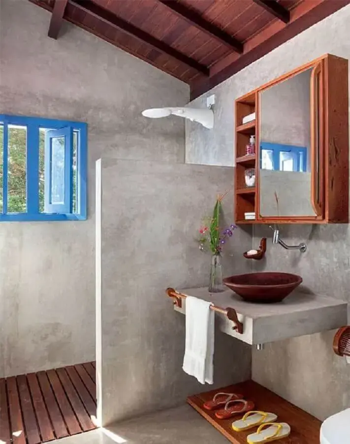 decoração simples com espelheira de madeira para banheiro cimento queimado Foto Pinterest