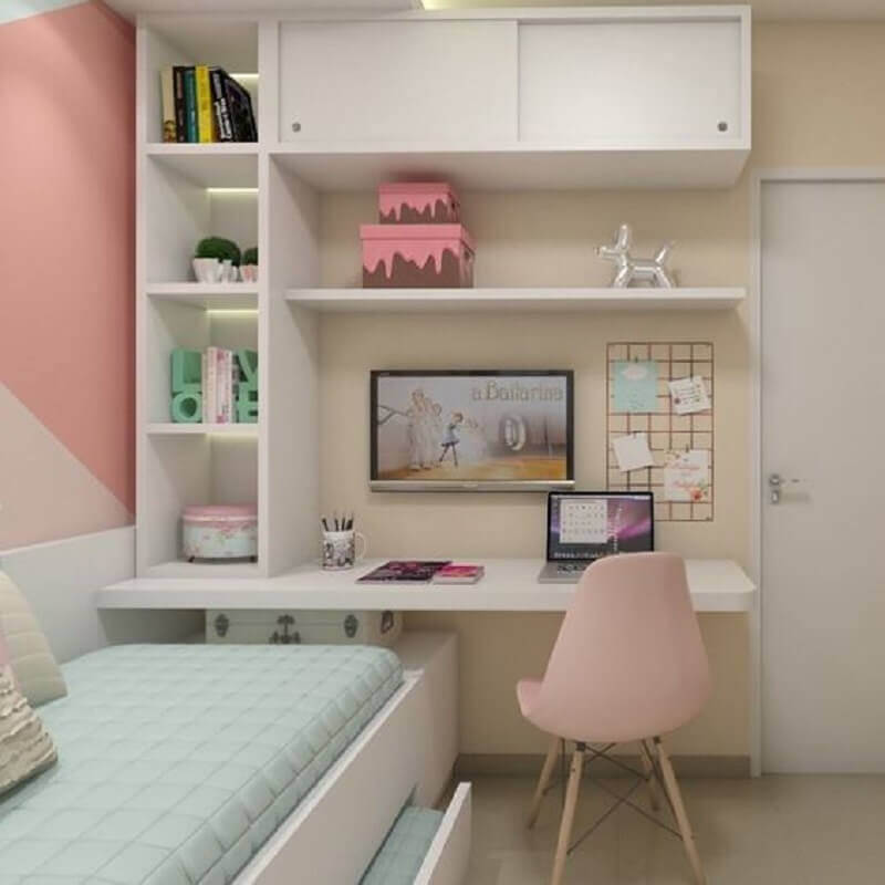 mesa para quarto de menina branco e rosa decorado com bicama Foto Pinterest