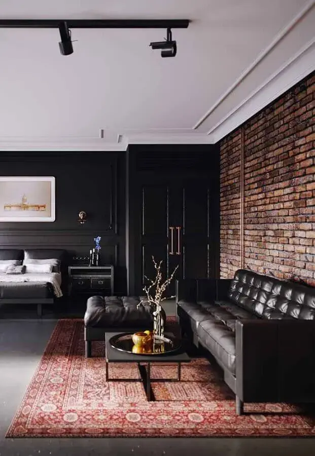 modelos de tapetes para sala preta decorada com parede de tijolinho rústica Foto Jeito de Casa