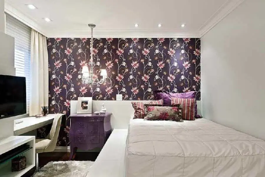 papel de parede floral para decoração de quarto de mulher branco Foto Ideias Decor