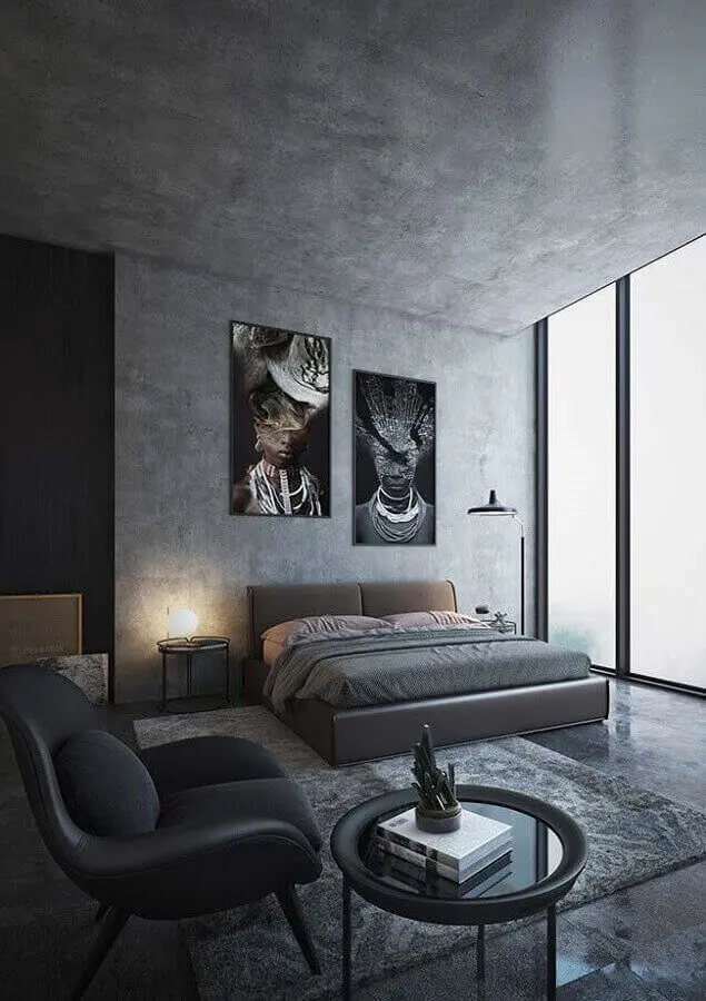 quadros grandes para decoração de quarto cinza moderno com parede de cimento queimado Foto Pinterest