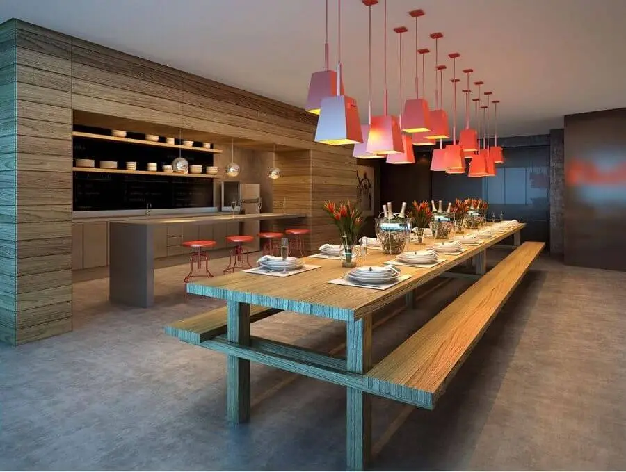 área gourmet moderna decorada com luminárias pendentes vermelhas Foto Jeito de Casa