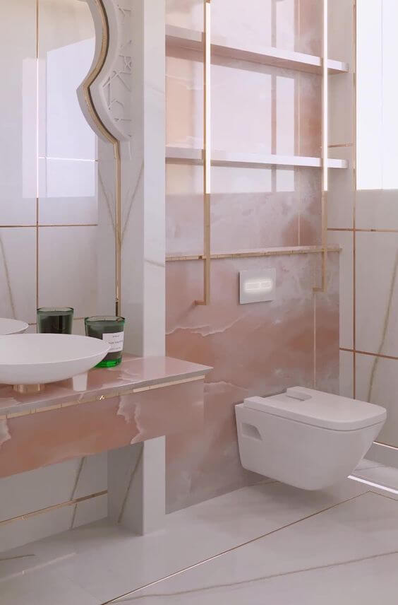 Porcelanato para banheiro branco e marmorizado com detalhes em rose