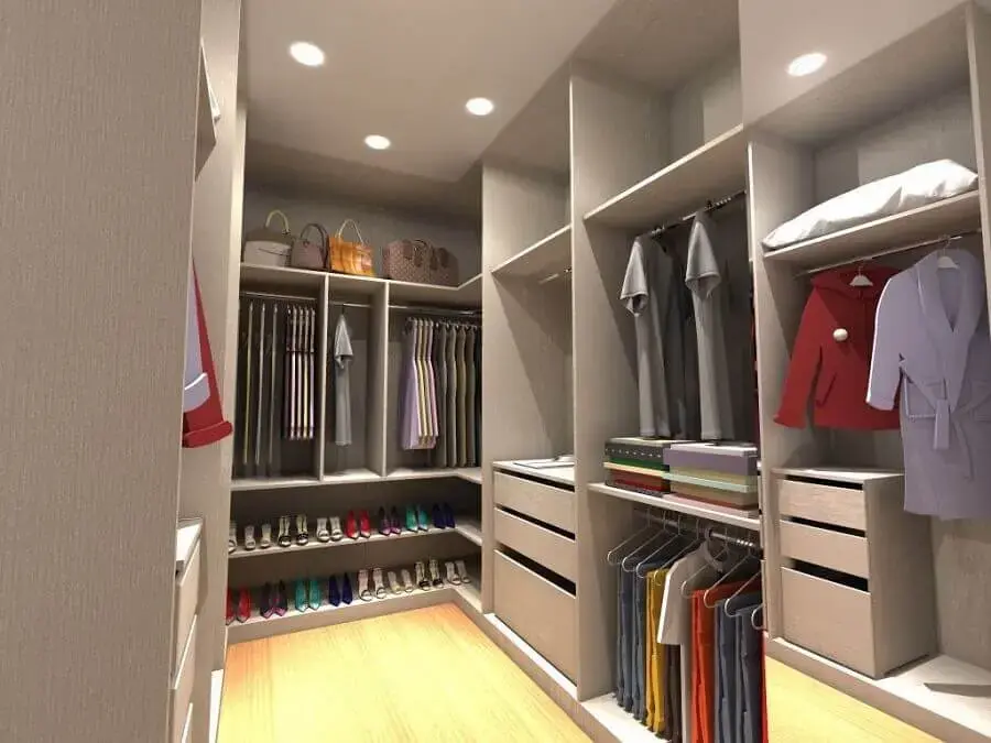 armários cinza claro para decoração de closet planejado casal Foto Pinterest