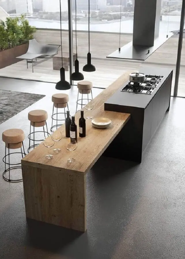 banquetas rolhas para decoração de ilha de cozinha com mesa de madeira e cooktop Foto Futurist Architecture