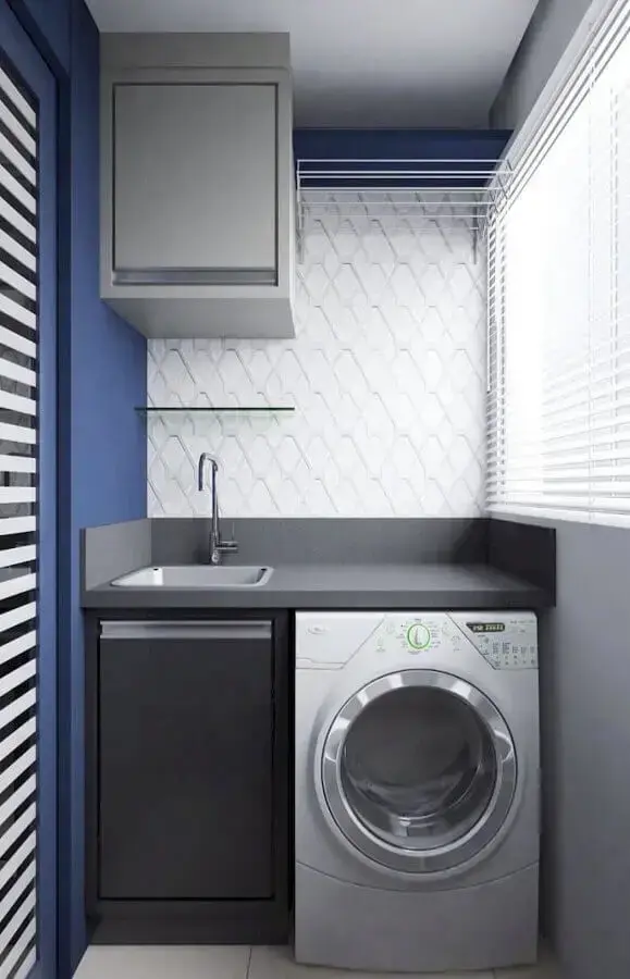 decoração cinza e azul com móveis para lavanderia pequena Foto Pinterest
