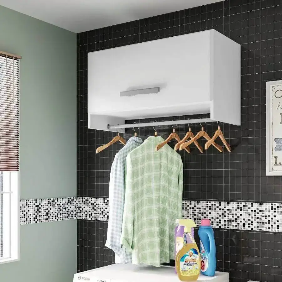decoração com armário aéreo para lavanderia simples Foto Pinterest