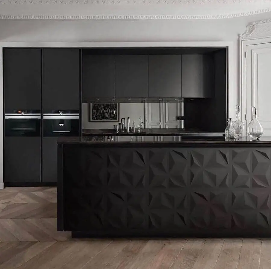 decoração moderna com revestimento 3D preto para cozinha com ilha Foto Dicas Decor