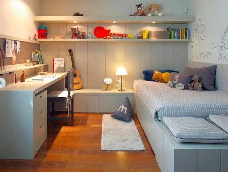 escrivaninha de estudo para quarto cinza decorado com móveis planejados Foto We Heart It