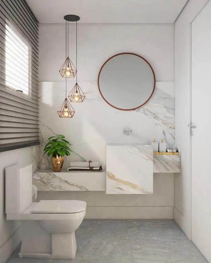 luminárias decorativas aramadas para decoração de banheiro com bancada de mármore Foto Pinterest
