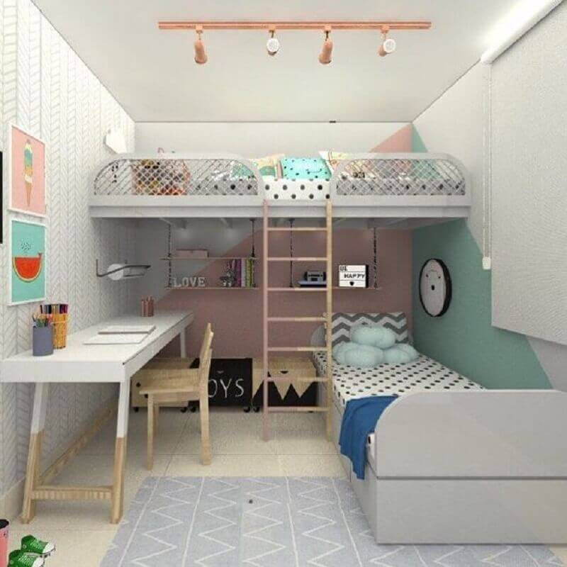 quarto infantil decorado com cama suspensa e escrivaninha para estudo Foto Pinterest