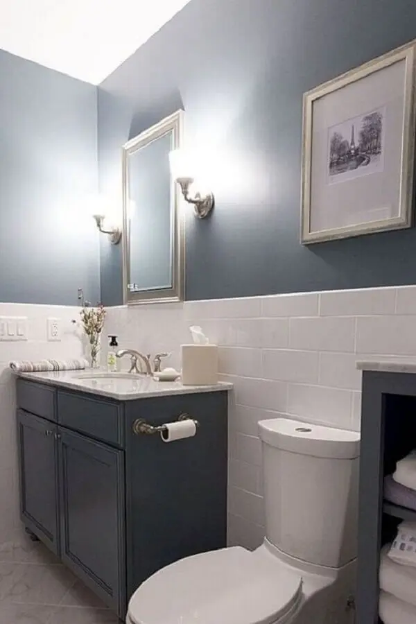 revestimento meia parede para decoração de banheiro cinza e branco Foto Jeito de Casa