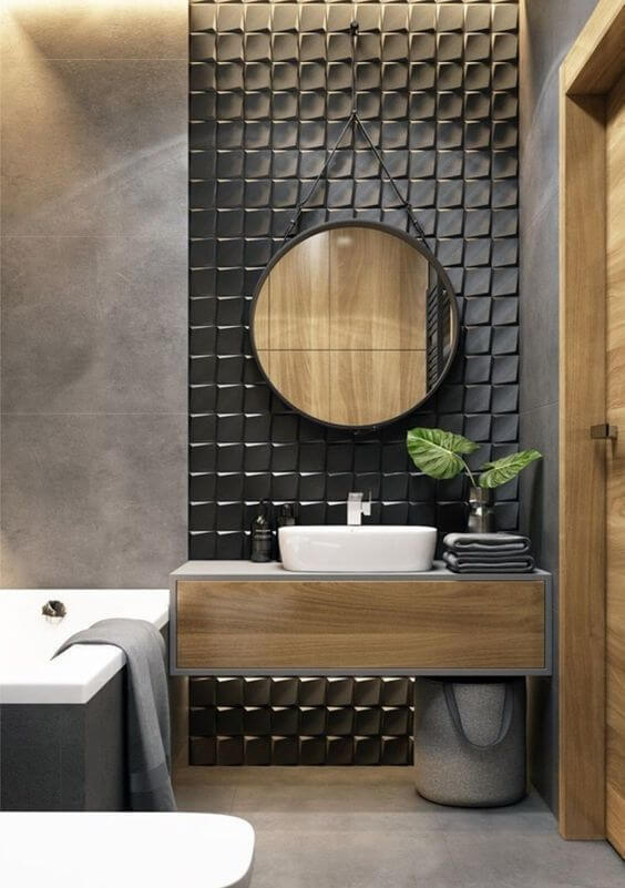 Azulejo 3D preto para banheiro com banheira branca