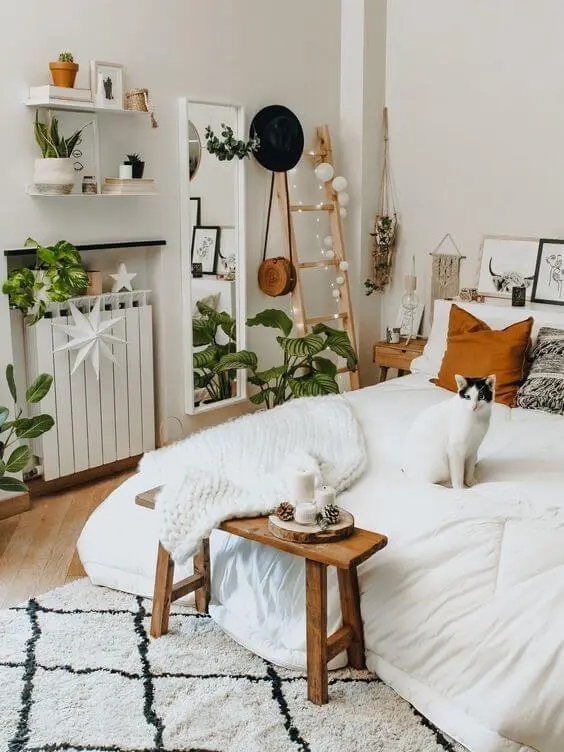 Decoração com quarto boho e decoração minimalista