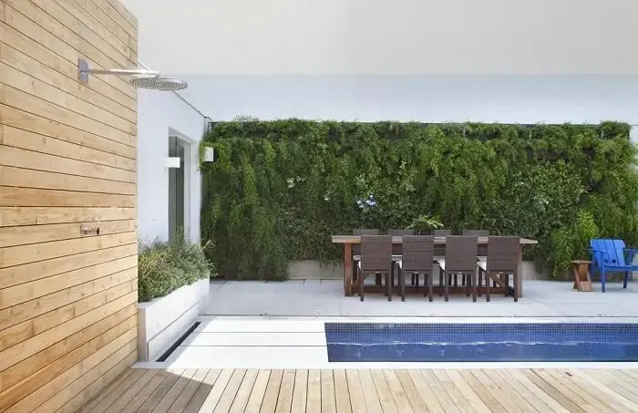 Jardim vertical e piscina de chão grande para área externa. Projeto de Migs Arquitetura