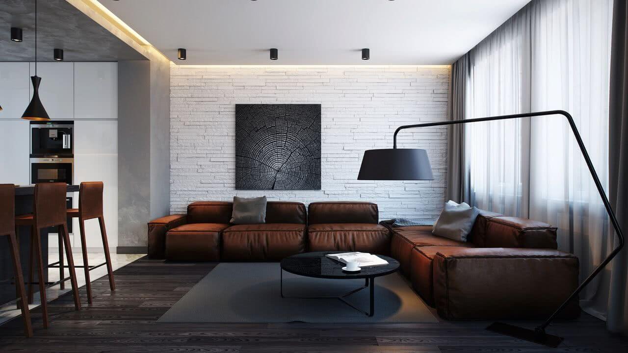 Sala de estar com tons de marrom e cinza super moderna