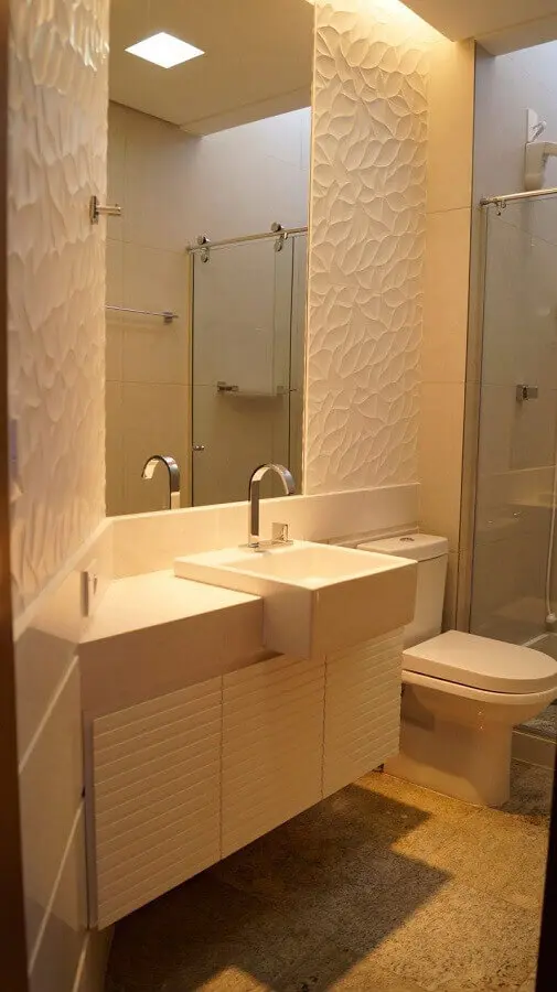 armário branco de banheiro pequeno decorado com revestimento 3D Foto Pinterest