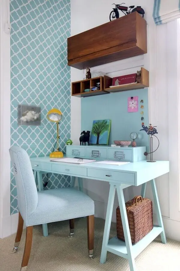 cores pastéis para decoração de home office azul e branco Foto Pinterest