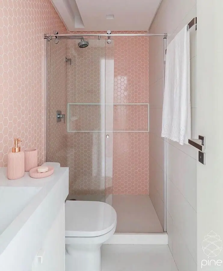 cores pastéis para decoração de banheiro com revestimento hexagonal rosa pastel Foto Ideias Decor