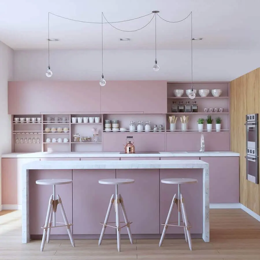 cozinha com ilha decorada em cores pastéis Foto Ann Arquitetura