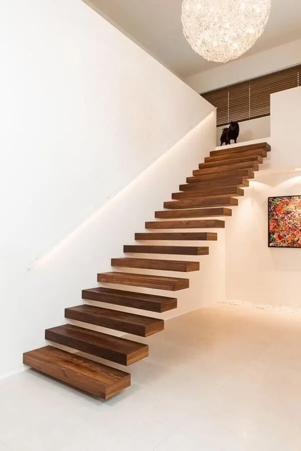 decoração clean com escadas internas flutuante de madeira Foto Home Deco