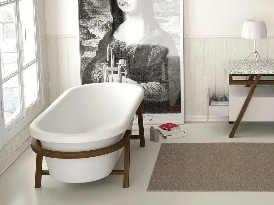 decoração de banheiro com base de madeira para banheira de imersão Foto Pinterest