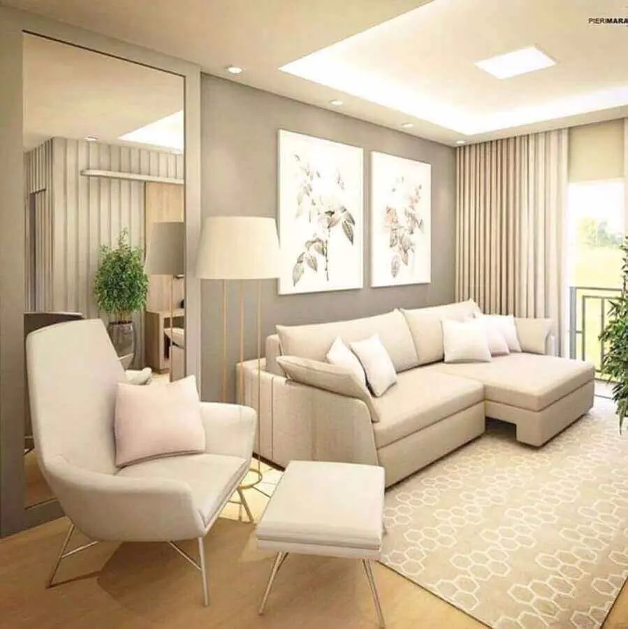 decoração de sala de apartamento com sofá confortável e cores claras Foto Pinterest