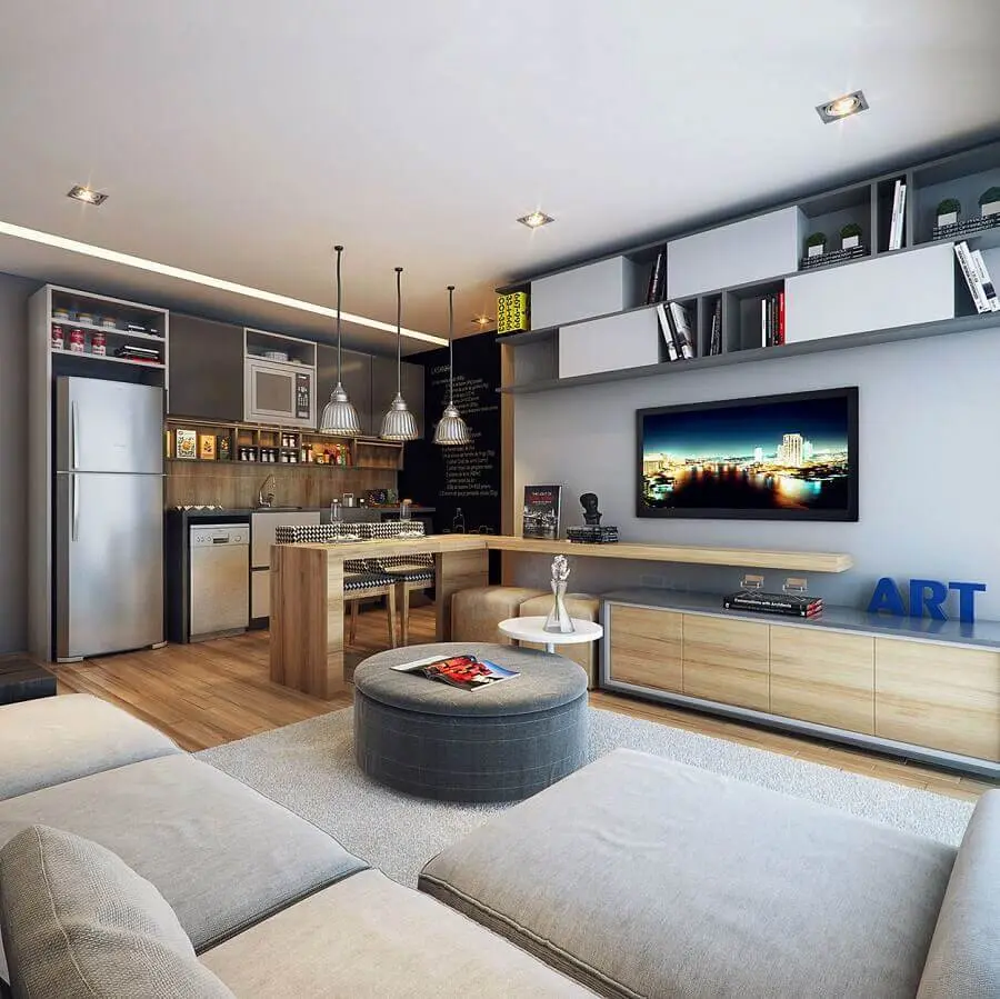 decoração de sala de apartamento moderno em tons de cinza com cozinha integrada Foto Futurist Architecture