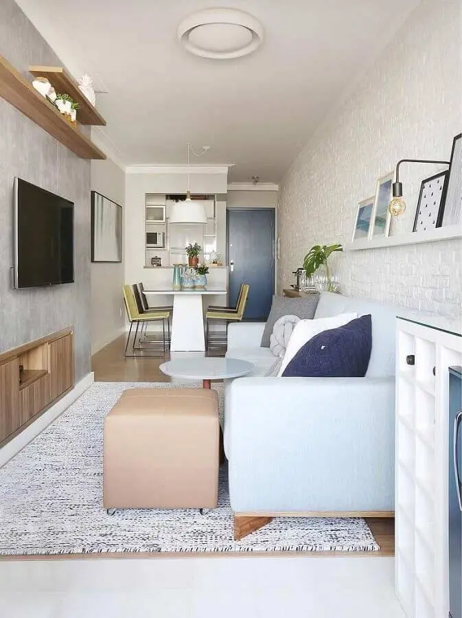 decoração de sala de apartamento pequeno com parede de tijolinho branco Foto Pinterest (1)