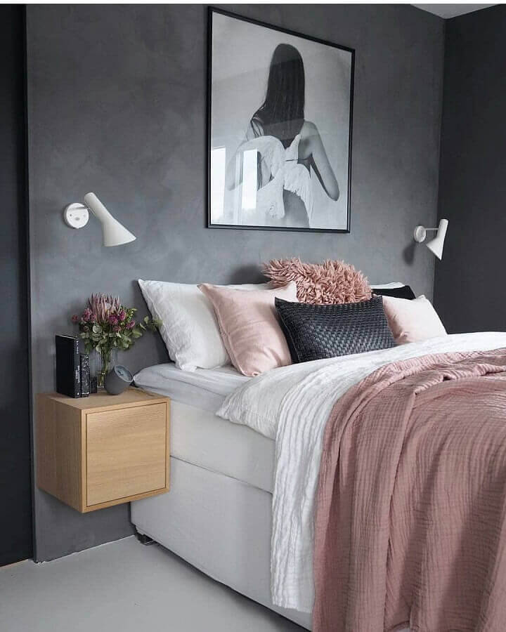 ideias para decorar quarto feminino moderno com parede de cimento queimado Foto Pinterest