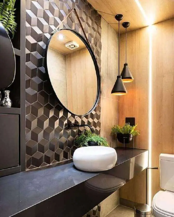 luminária pendente para banheiro amadeirado moderno decorado com revestimento 3D Foto Decortiles