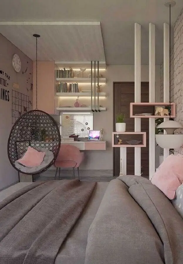 Decoração com cadeira de balanço suspensa para quarto feminino cinza e rosa  Foto Pinterest
