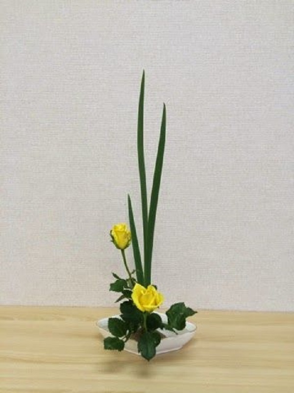 Ikebana com vaso branco e flores amarelas