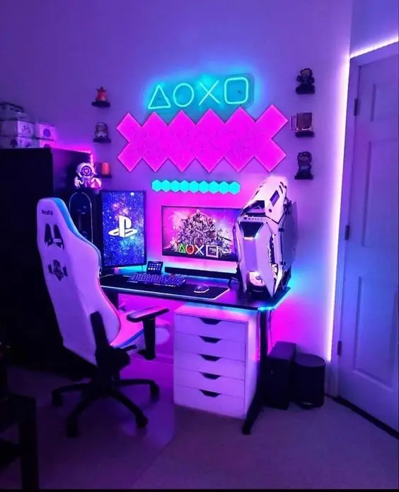 Quarto gamer com luz neon temática