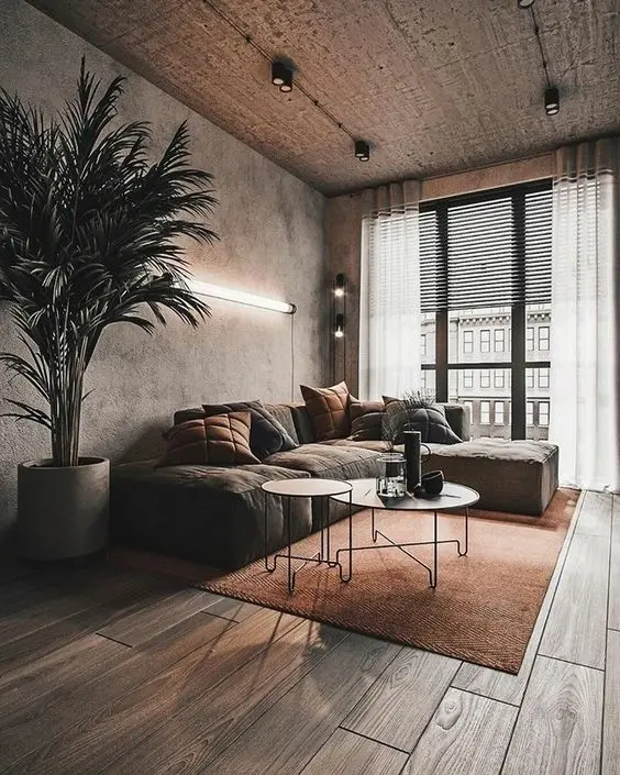 Sala com parede de cimento queimado e sofá estilo industrial